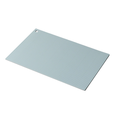 A light blue jumbo silicone rectangular hot mat trivet with a white border on a white background.