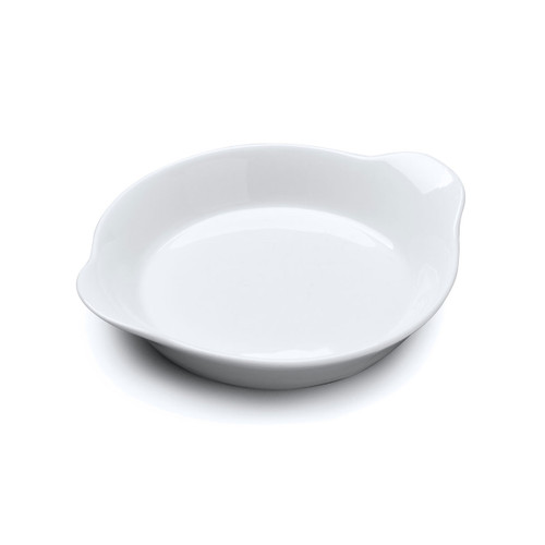 A plain white porcelain round gratin dish on a white background.