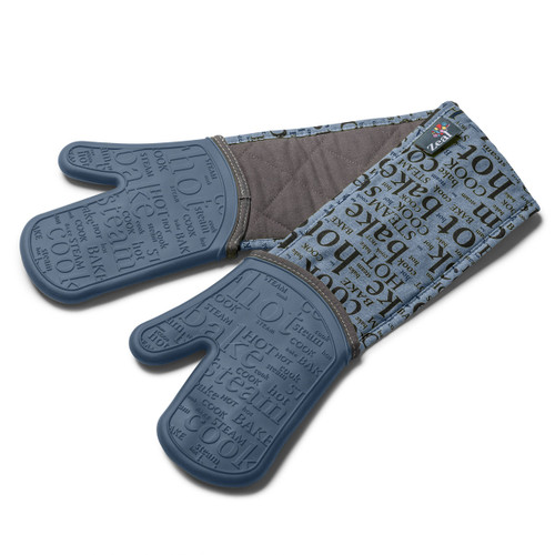 A pair of blue oven gloves with typographic design on a white surface.
