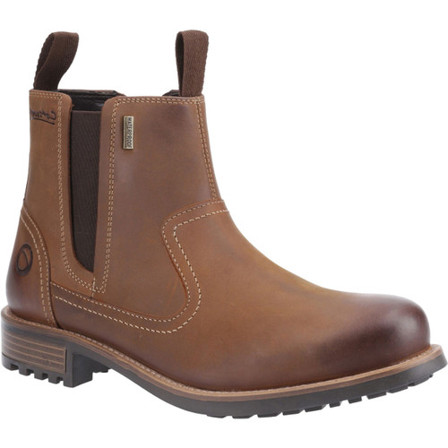 A brown leather Chelsea boot with elastic side panels and a pull tab. It has detailed stitching, a sturdy sole, and conveys a rugged yet stylish tone.