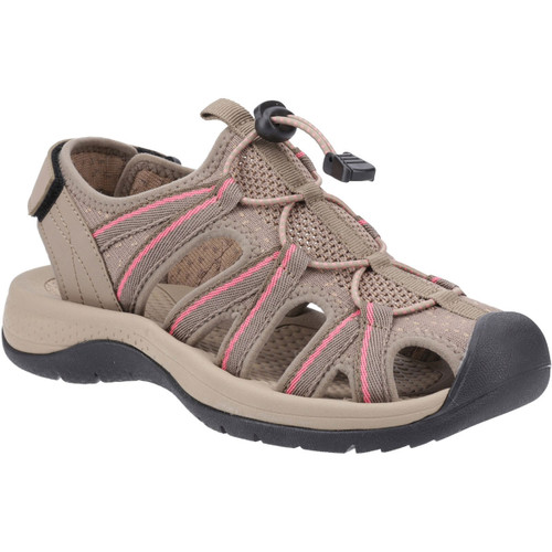 A beige and pink outdoor sandal with breathable mesh, adjustable laces, and a sturdy black rubber sole. Designed for comfort and durability.