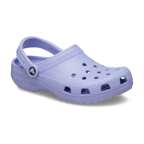 A light purple clog-style shoe with ventilation holes, a textured sole, and an adjustable heel strap. It conveys a casual and comfortable feel.