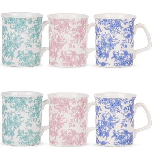 Set of six floral patterned mugs in teal, pink, and blue on a white background.