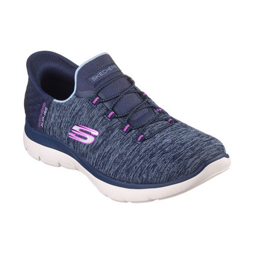A navy slide on trainer with fixed laces, a white sole and purple Skechers logos at the side.