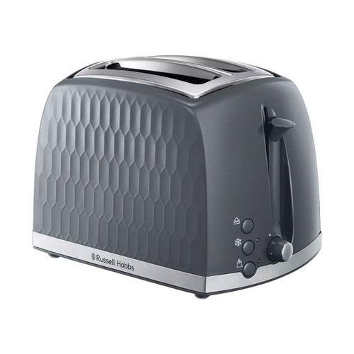 A grey 2 slice toaster with a honeycomb texture against a white background.