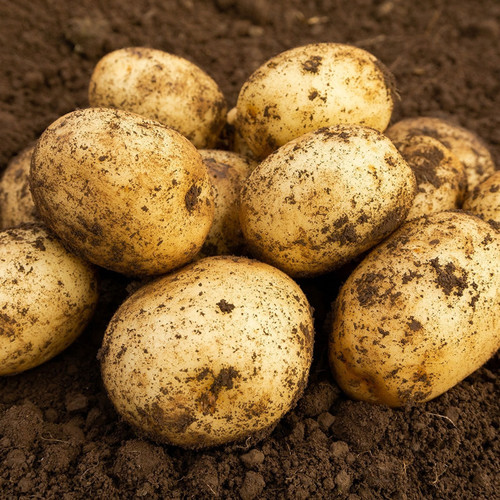 A pile of freshly harvested potatoes covered in dirt rests on rich, brown soil. The image conveys a sense of natural abundance and earthy freshness.