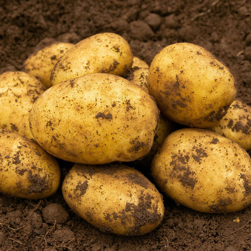 A pile of freshly harvested potatoes lies on dark, rich soil. The potatoes are covered in dirt, highlighting their natural, earthy appearance.