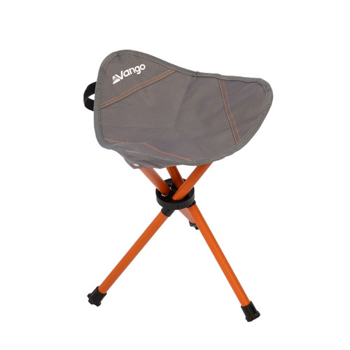 Compact camping stool with a grey fabric seat and bright orange triangular metal legs. The seat features a small logo in the corner.