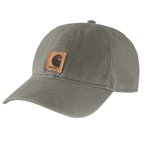 Olive green canvas cap with Carhartt logo patch on the front.