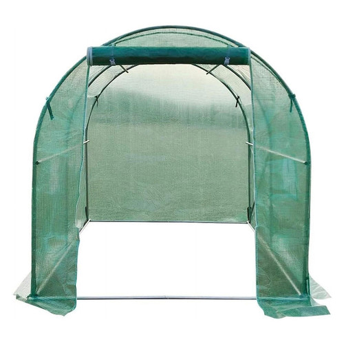 A green mesh growhouse cover with the door rolled up and secured at the top.
