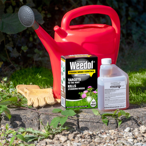 A red watering can, gloves, and Weedol weed killer on a garden path.
