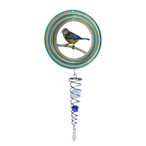 A blue and yellow wind spinner with crystal tail with a blue tit design in the middle on a white background