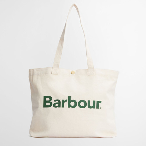 An ecru tote bag with green Barbour logo