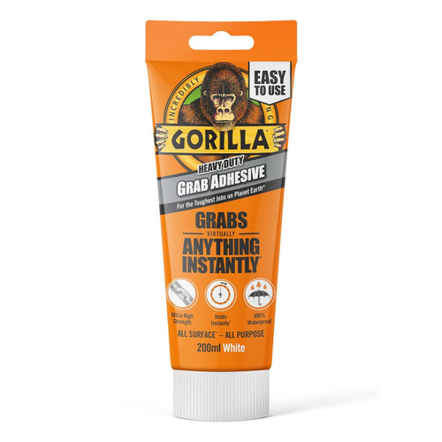 Tube of Gorilla heavy-duty grab adhesive on white background.
