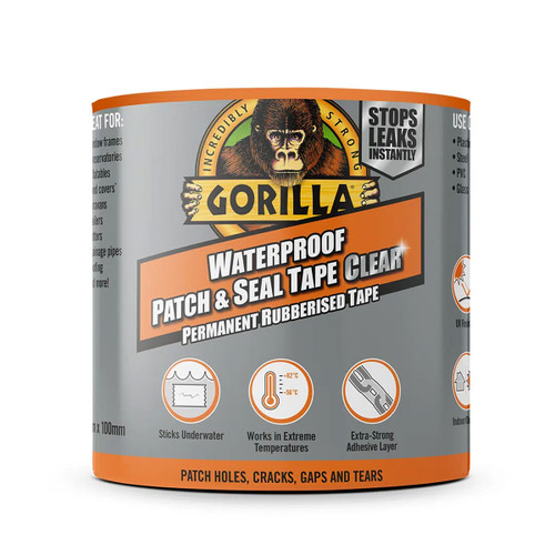 A canister of Gorilla Waterproof Patch & Seal Tape Clear with product features listed.