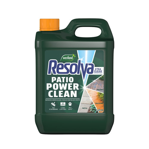 A dark green 2.5 litre tub with an orange lid containing patio cleaning solution on a white background