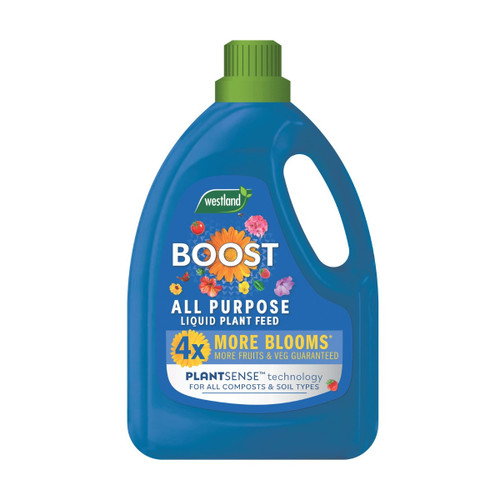 A blue and green tub containing plant food on a white background