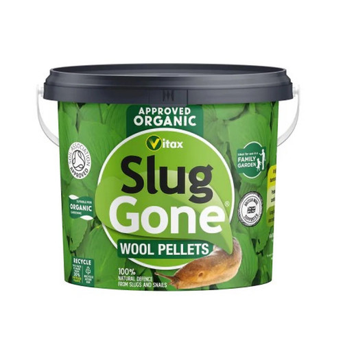 A green tub with a black lid containing slug control