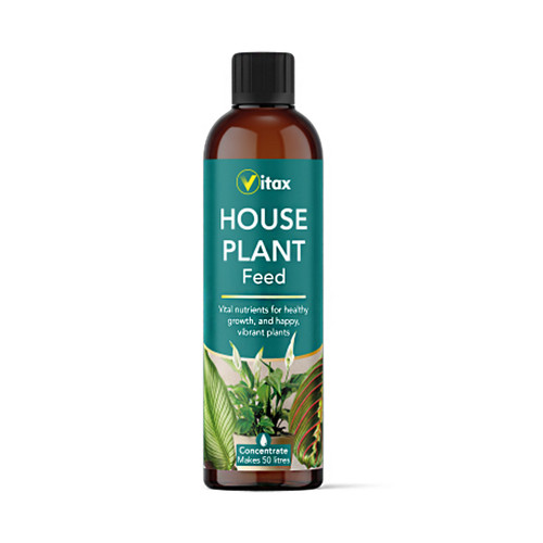 A blue 250ml bottle of house plant feed on a white background