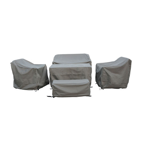 A view of grey garden furniture covers on a white background