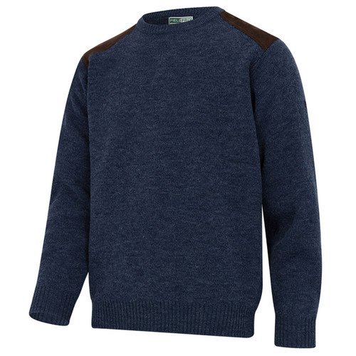 Navy blue jumper with long sleeves and brown shoulder patches; casual and stylish design for cooler weather.
