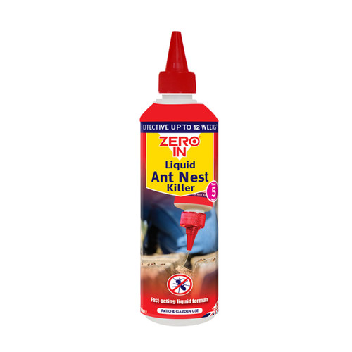 A view of a red bottle with a nozzle containing liquid ant killer on a white background