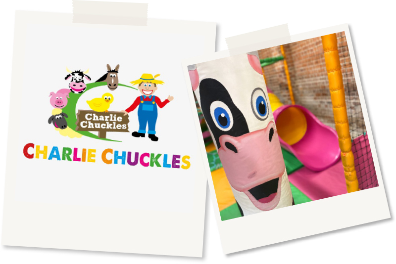 Two Polaroid images one with the Charlie's chuckles logo (colourful animals & farmer)  & Charlies chuckles indoor colourful play centre 