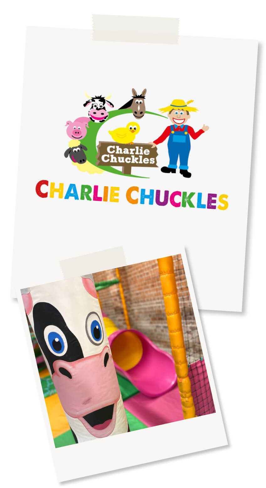 Two Polaroid images one with the Charlie's chuckles logo (colourful animals & farmer)  & Charlies chuckles indoor colourful play centre 