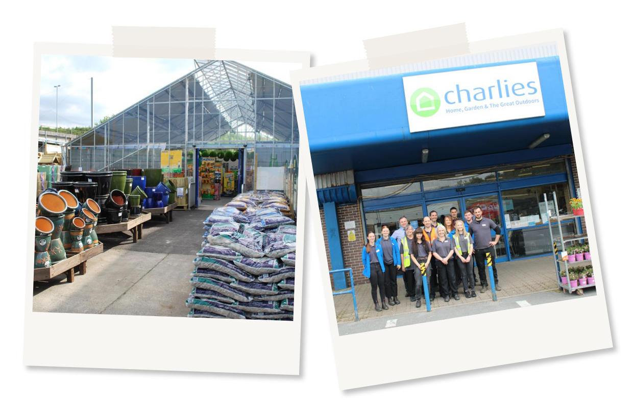 Two Polaroid images showing the outside garden area of Charlies Carmarthen store and staff standing outside the store