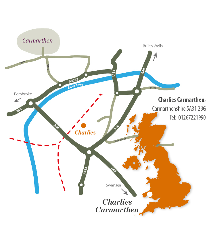 Map of Carmarthen area with orange dot showing where Charlies Carmarthen store is.