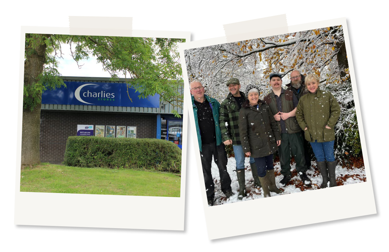 Two polaroid images, 1 showing out side of Charlies Dyffryn Store and the other one showing the staff stood outside in the snow