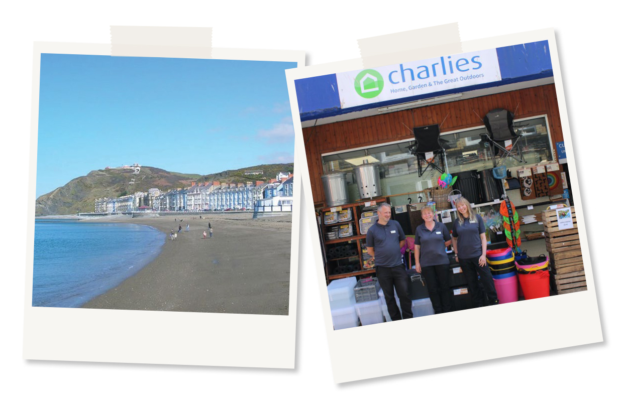 Two polaroid images, 1 of Aberystwyth sea front and the other show Cambrian place staff stood outside the store.