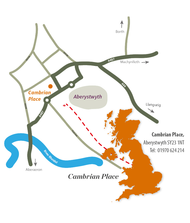 Map of Aberystwyth area with orange dot showing where the Cambrian Place store is