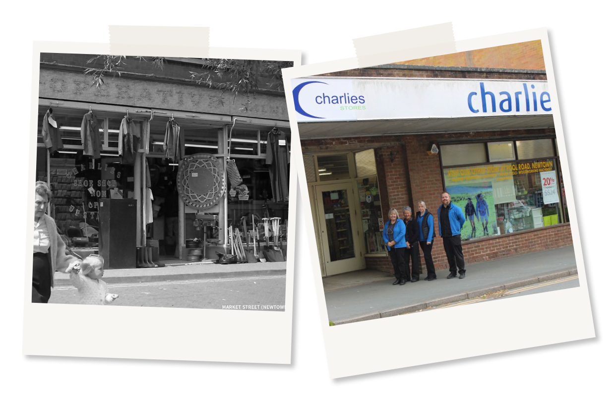 Two polaroid images, 1 showing Charlies Market Street store when it first opened and the second image showing todays staff standing outside the store. 
