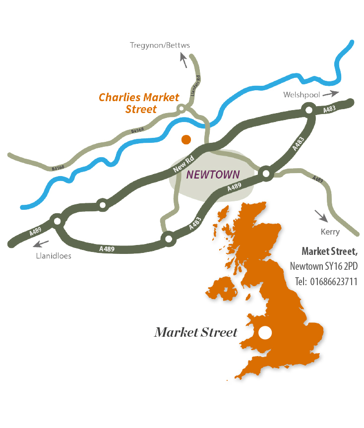 Map of Newtown area with orange dot showing where Charlies Market Street store is