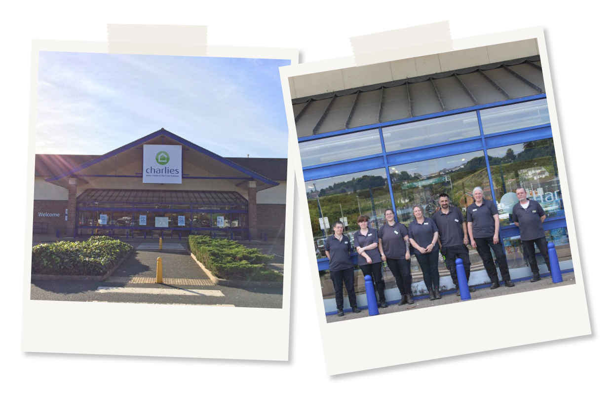 Two polaroid images, 1 showing a image of Charlies Parc y Llyn store and the other one is an image of the staff stood outside the store.