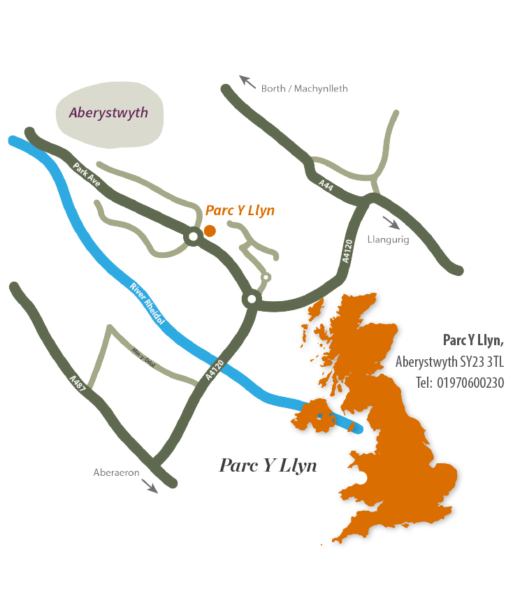 Map of Aberystwyth area with orange dot showing where the Parc y Llyn store is