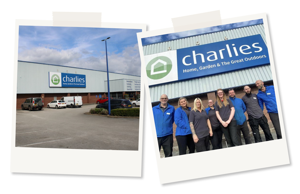 Two polaroid images slightly overlapping showing the Charlies Queensferry store and a group photo of the staff standing outside the store.