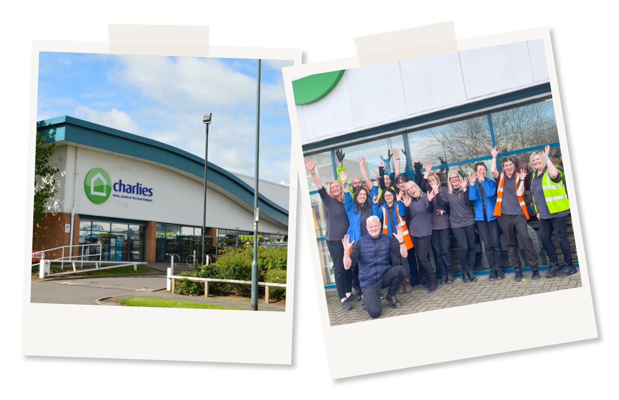 Two polaroid images slightly on an angle and overlapping slightly showing an image of the Charlies Shrewsbury store and the other showing the staff waving in front of the store