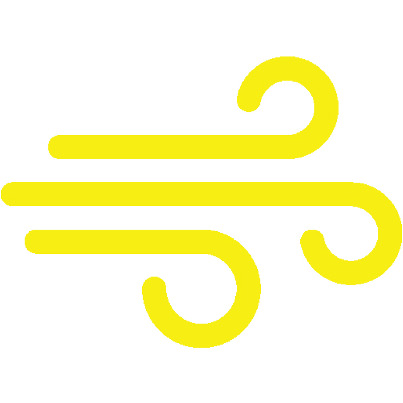 Yellow, stylized wind icon with curved lines and swirls on a white background, suggesting motion and energy.