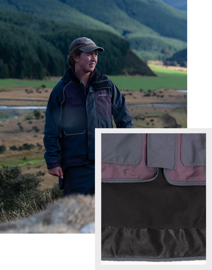 A person in an outdoor setting wears a dark jacket and cap, standing in a scenic landscape with rolling green hills and a river. The mood is peaceful. An inset shows a close-up of the jacket material, highlighting its texture.