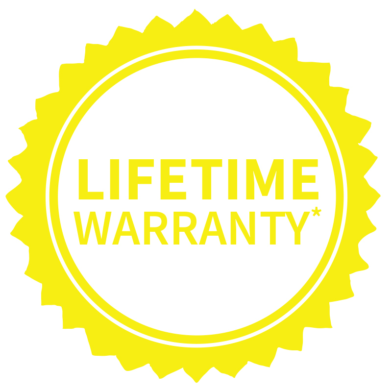 Bright yellow seal with jagged edges containing the text "LIFETIME WARRANTY" in bold, conveying reliability and long-term assurance.