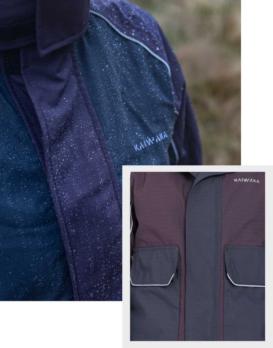 Close-up of a navy and purple waterproof jacket with raindrops, featuring the brand name "Kaiwaka." Inset shows front pockets and detailing.