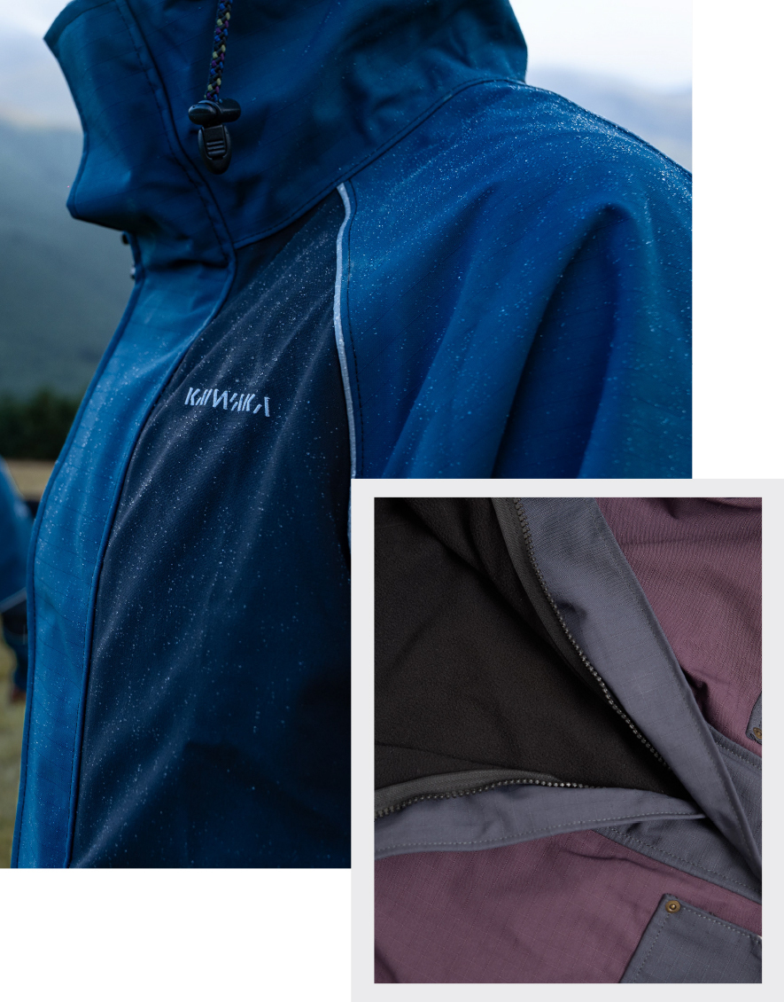 Close-up of a blue waterproof jacket with visible water droplets. Inset shows a zippered inner lining, highlighting design and functionality.