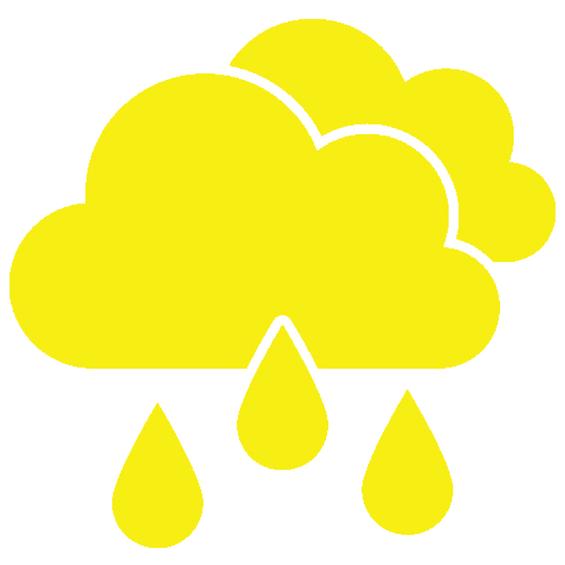 Bright yellow cloud icon with two overlapping clouds and three raindrops. The bold color creates a vibrant, stylized weather symbol.
