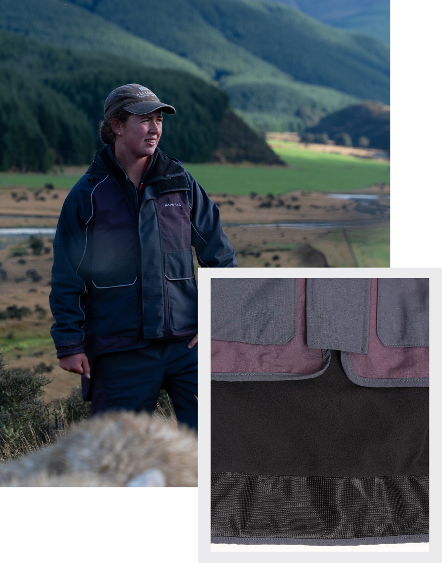 A person in an outdoor setting wears a dark jacket and cap, standing in a scenic landscape with rolling green hills and a river. The mood is peaceful. An inset shows a close-up of the jacket material, highlighting its texture.