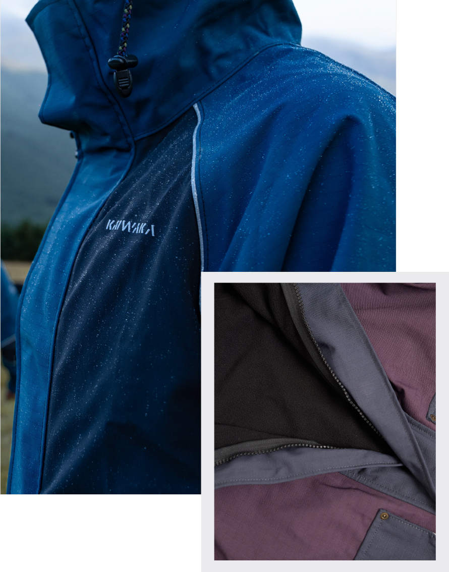 Close-up of a blue waterproof jacket with visible water droplets. Inset shows a zippered inner lining, highlighting design and functionality.