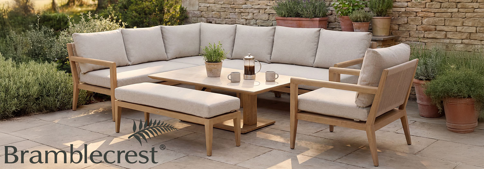 A view of the Bramblecrest Maine lounge set on a patio with the Bramblecrest logo