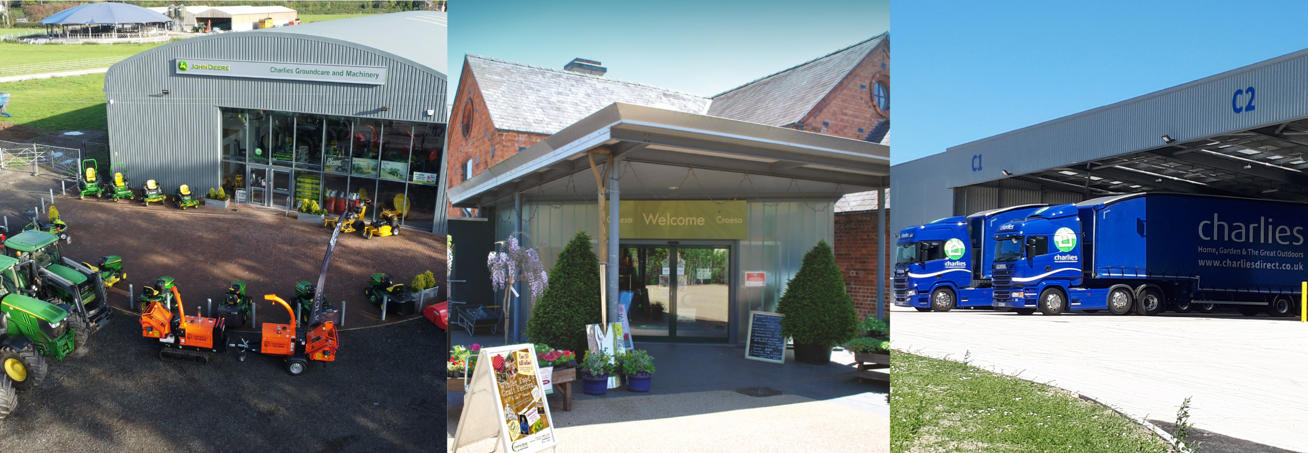 A banner showing the Charlies Ag & Turf building, the entrance to the Coed-Y-Dinas store, and a view of two Charlies lorries at the warehouse.