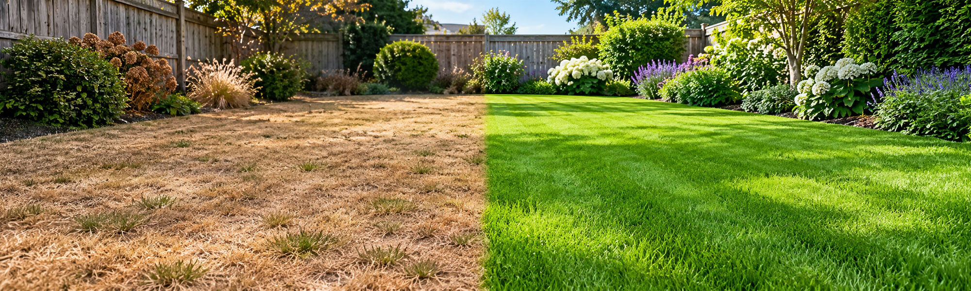 a lawn cut in half. One side really dry and borwn and the other lush and green